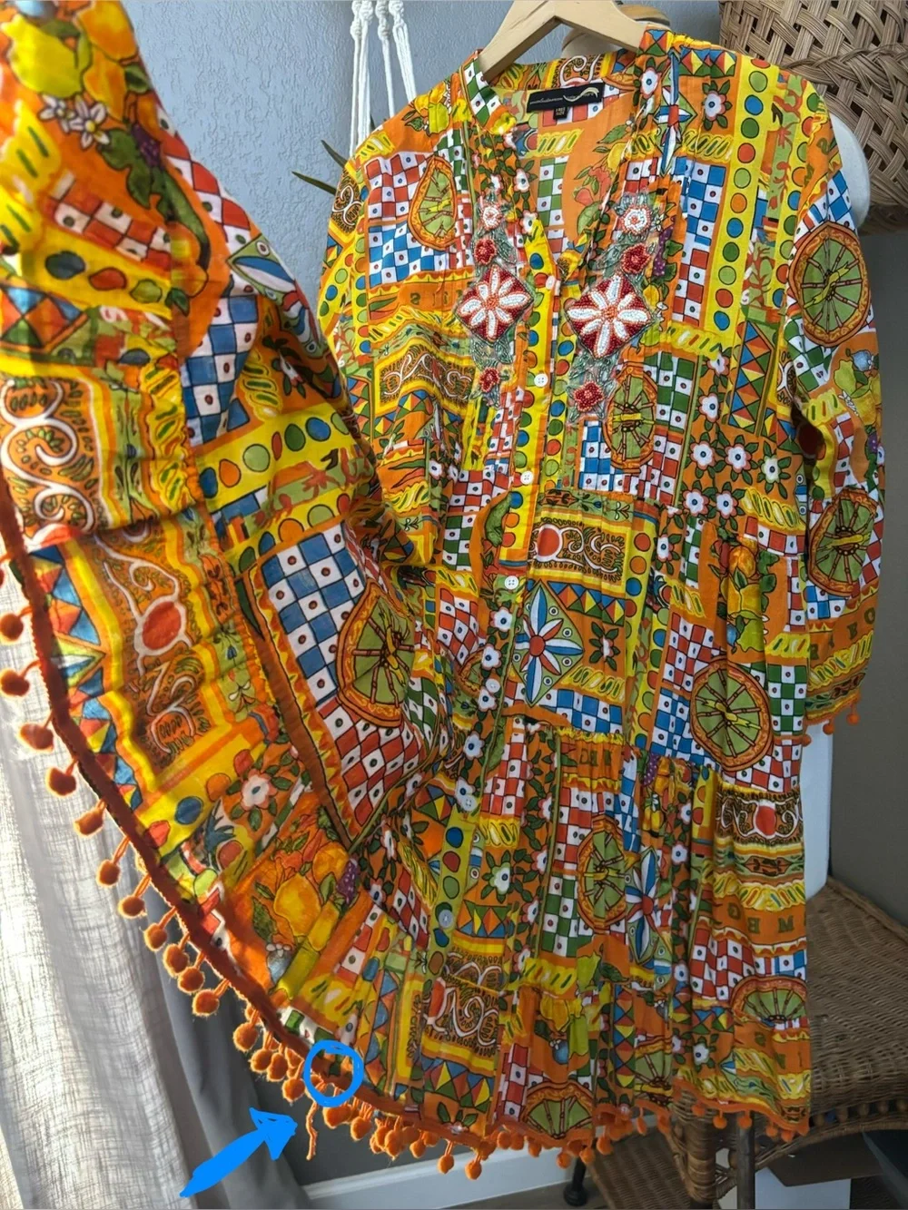 Colori Di Mare Majolica Print Embellished Mini Dress Boho Tassel Hem Tunic - Picture 13 of 13